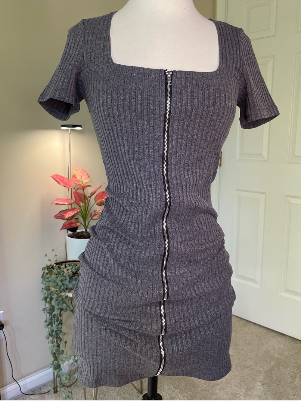 Grey Ribbed Square Neck Fitted Mini Dress Size Small